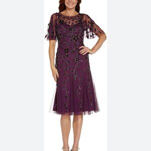 Adrianna Papell Purple Sequin Embroidered A-Line Cocktail Dress MOB Party Sz 12